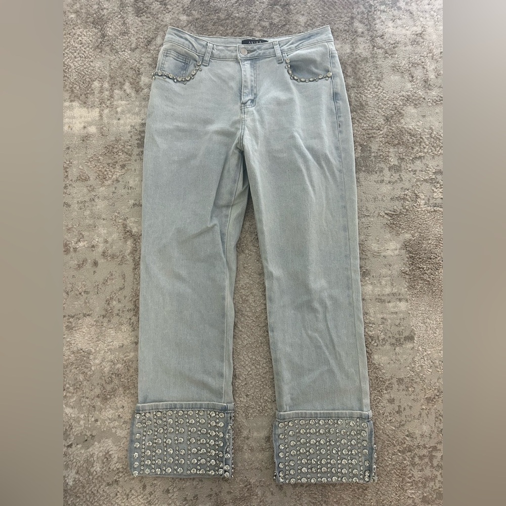 AKIRA Light Blue Embellished Straight Leg Jeans